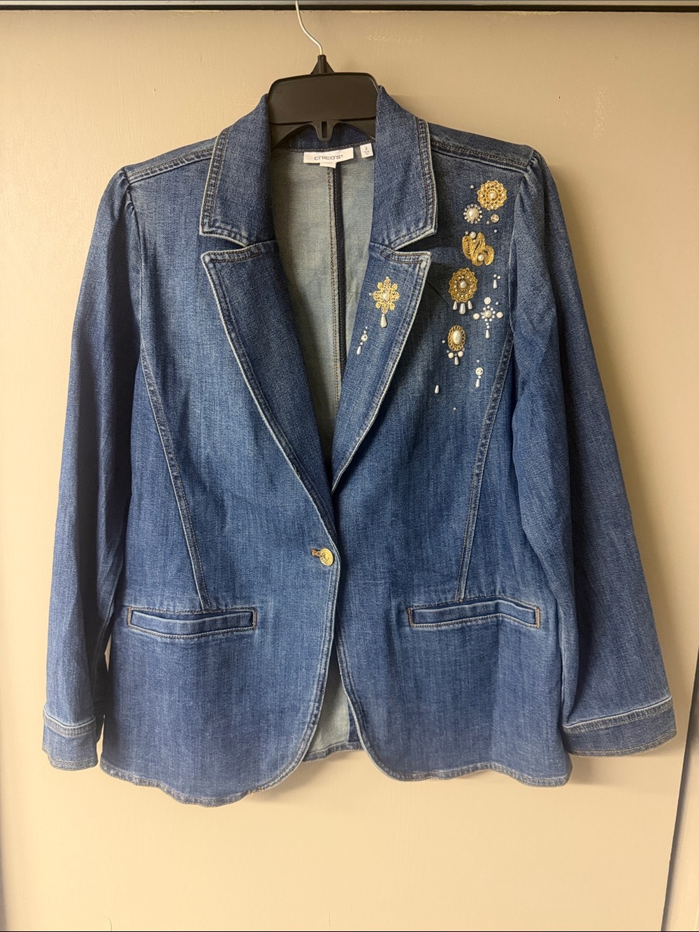 Chico's Blue Denim Blazer with Gold Embellishments